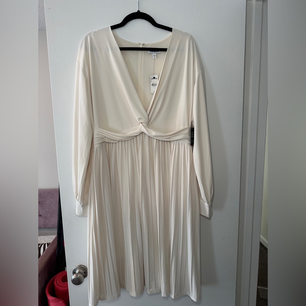 Express Elegant Pleated Cream V-Neck Dress